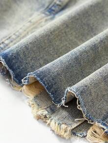 SHEIN PETITE Áo khoác denim ngắn tay rách một hàng khuy đơn dành cho nữ, mùa thu - Màu xanh lam - Xem 8