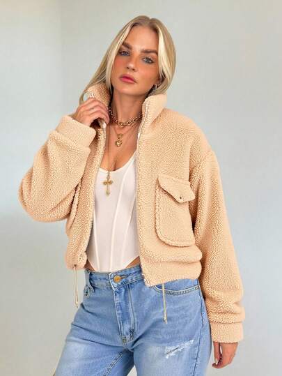 SHEIN Cottnline Teddy Zip Up Jacket With Flap Pockets, Cozy Streetwear Vibe, Winter Chill Essential & Off-Duty Soft Girl Look Crop Jackets For Women Shackets For Women Oversized Jacket Jacket Y2k Faux Fur Coat
