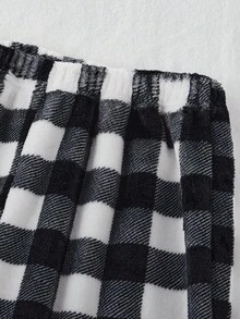 2pcs Teenage Boys Plush Flannel Pajama Set, Panda Embroidery Round Neck Long Sleeve Top And Casual Plaid Flannel Straight Leg Pants, Comfortable Loungewear For Autumn/Winter Fall - Black and White - View 6