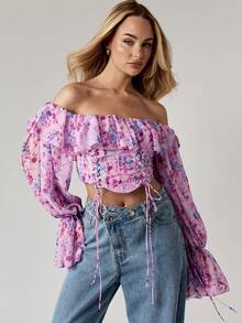 MISSGUIDED 露肩紧身胸衣短款上衣荷叶边长袖系带前开襟花卉印花露肩衬衫夏季节日假期波西米亚风农民风格 - 紫羅蘭色 - 查看 6