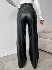 EURMUSE Women's Solid Color Pocket Button Casual Versatile Commuting Wide Leg Pants - Black - View 2