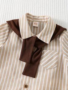 Cozy Pixies 2pcs Baby Boy Navy Style Contrast Color Shawl Collar Long Sleeve Shirt And Elastic Waist Faux Denim Pants Set, Gentleman Outfit For Holiday, Party, Casual, Outdoor, Lightweight Sports, Cute & Fashionable, Suitable For Multiple Occasions - Multicolor - View 3