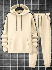 Manfinity Homme 男士秋季字母带口袋抽绳连帽衫和运动裤休闲两件套 - 彩色 - 查看 4