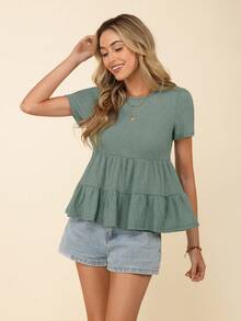 Coeurva 女士纯色圆领短袖休闲上衣 - 綠色 - 查看 6