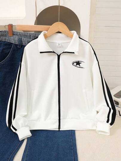 SHEIN 少女返校休闲街头风五角星爱心印花撞色织带拉链宽松针织立领长袖连帽外套，秋冬款