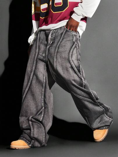 SUMWON Pantalones vaqueros holgados de pierna ancha con ajuste suelto, panelados, estilo callejero Y2K, pantalones vaqueros casuales con costuras de contraste, moda de otoño e invierno