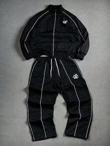 Manfinity EMRG 街头潮流酷炫男士夹克和裤子套装、运动服套装、男士两件套黑色、Y2K 运动服套装、2000 年代风格、秋季服装 - 黑色 - 查看 1