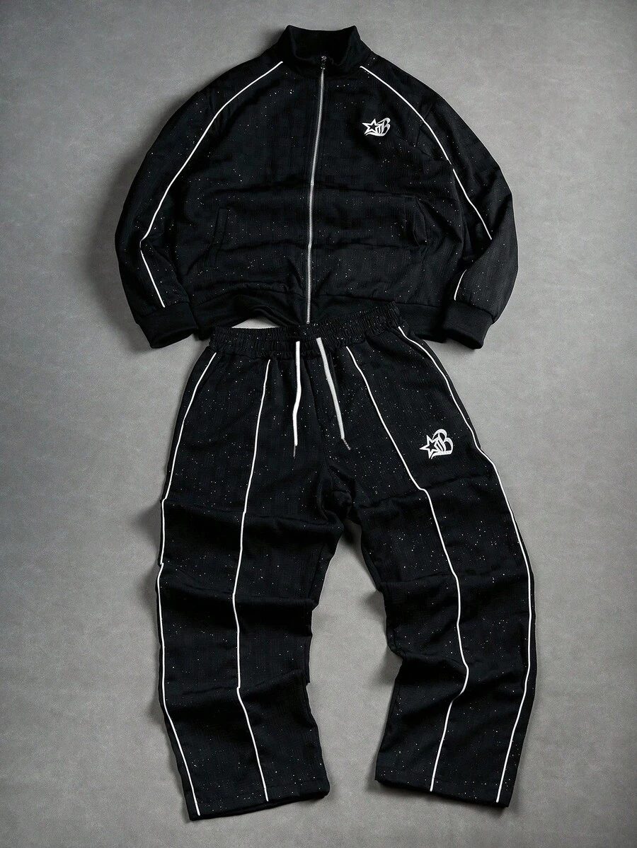 Manfinity EMRG 街头潮流酷炫男士夹克和裤子套装、运动服套装、男士两件套黑色、Y2K 运动服套装、2000 年代风格、秋季服装 - 黑色 - 查看 1