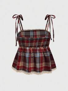 ROMWE Academia 休闲复古翻领纽扣格纹复古细肩带蕾丝花边女式吊带背心 - 黑色 - 查看 13