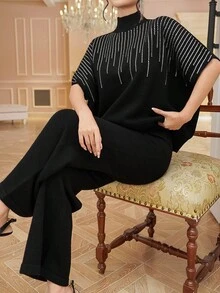 DAZY 2 件套女式休闲水钻装饰高领 3/4 袖毛衣和裤子套装，秋季 - 黑色 - 查看 8