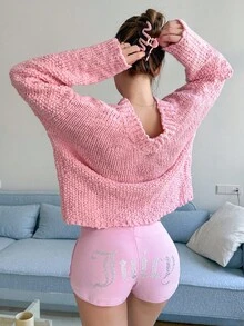 DAZY Women's Loose Casual Solid Color Pink Pullover Sweater, Simple Fashion Basic Knit Top For Autumn/Winter