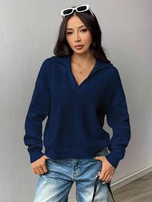 Flirla 女式纯色翻领落肩长袖休闲毛衣，秋冬 - 藏蓝色 - 查看 5