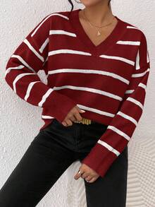 SHEIN Frenchy Áo len cổ chữ V họa tiết sọc trễ vai thời trang thu đông cho nữ - Nhiều màu - Xem 7