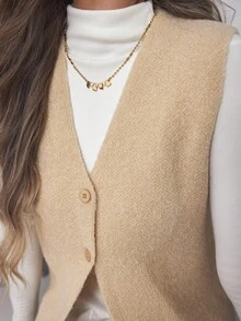 Louniche Women's Elegant Texture, High-End Simple Open-Front Vest, Long Woolen Coat - Apricot - View 6