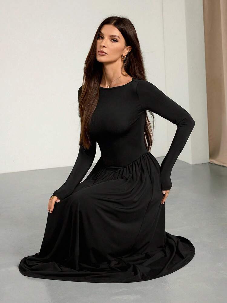 SHEIN Tall Neues weißes Kleid mit V-Ausschnitt und Langarm, Slim Fit, thermisch isolierend, vielseitig einsetzbar, Herbst/Winter - Schwarz - Übersicht 7