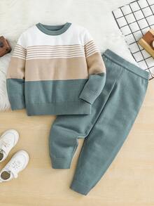 SHEIN Young Boy Striped Crew Neck Long Sleeve Sweater And Knit Pants Casual Set, Autumn/Winter
