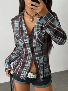 Jeanoix 女式简约长袖前开襟翻领蓝色格子印花衬衫，适合日常穿着 - 藍色 - 查看 3