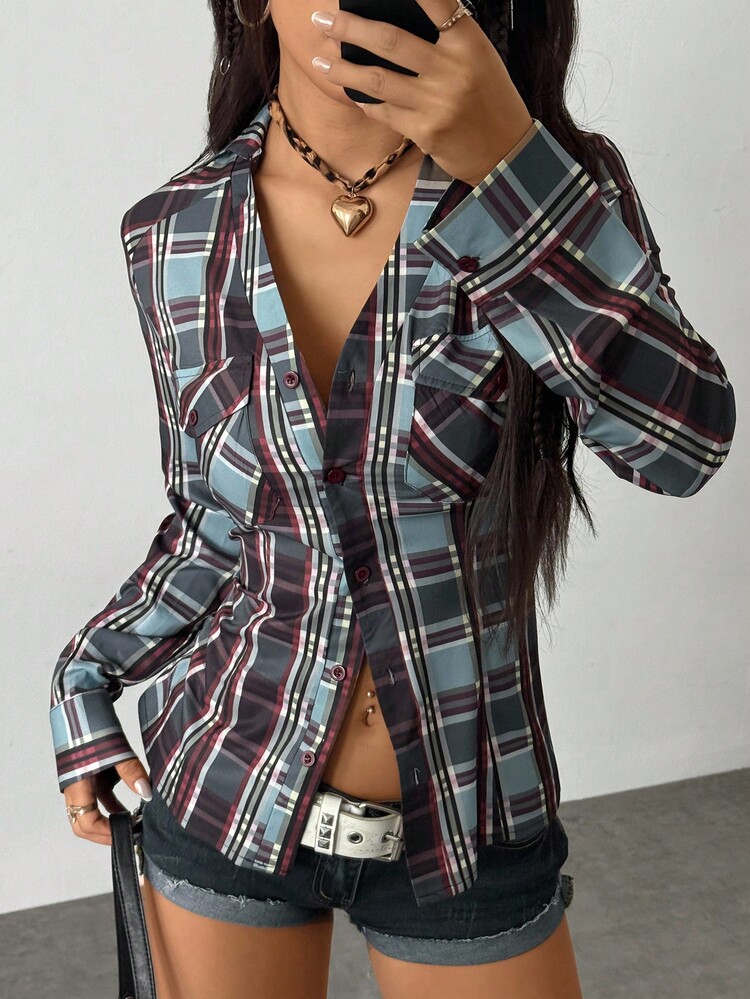 Jeanoix 女式简约长袖前开襟翻领蓝色格子印花衬衫，适合日常穿着 - 藍色 - 查看 3