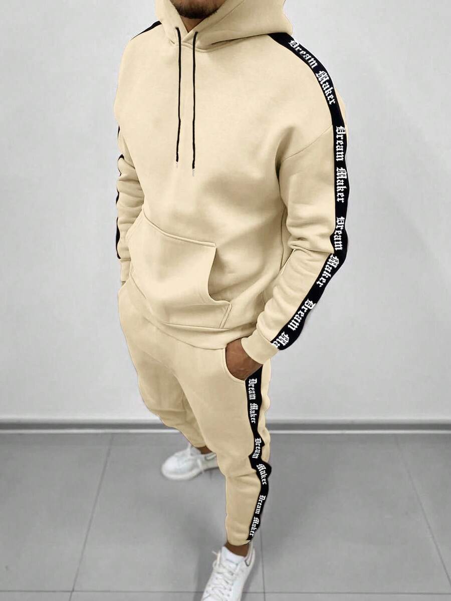 Manfinity Homme 男士秋季字母带口袋抽绳连帽衫和运动裤休闲两件套 - 彩色 - 查看 1