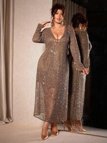 SHEIN PETITE Firerie女装优雅约会派对日常度假刺绣亮片长裙秋季连衣裙大码毕业典礼教师服装秋冬派对毕业新款时尚性感音乐节俱乐部连衣裙 - 棕色 - 查看 7