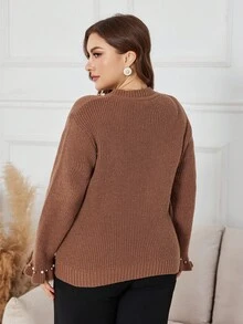 Lacomfia Plus Size Elegant Beaded Embellished Sweater, Autumn/Winter - Coffee Brown - View 2
