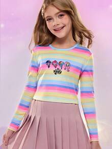 My Little Pony X SHEIN 女童可爱彩色条纹卡通小马印花长袖T恤，秋季