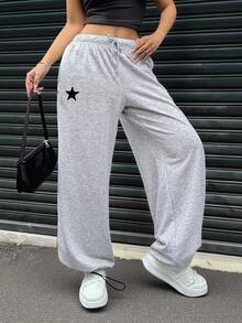 INAWLY Quần nỉ ống rộng in họa tiết ngôi sao năm cánh thoải mái cho nữ, có dây rút ở eo, túi - Xám - Xem 5