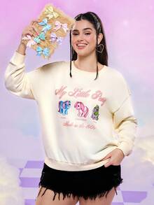 My Little Pony X SHEIN Plus Size Women Casual Cute Cartoon Unicorn & Letter Print Dropped Shoulder Loose Pullover Sweatshirt, Spring/Autumn Cute Sweatshirt Kawaii Clothes Women Sweatshirts Graphic Sweatshirts
