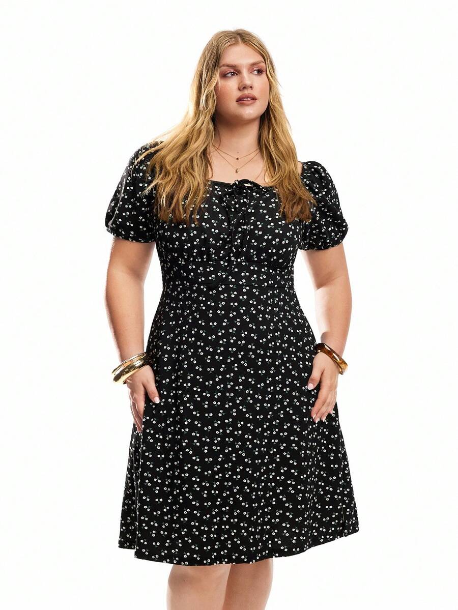 Solavibe Vestido De Talla Grande Con Estilo De Vacaciones Con Diseño De Flores, Estilo Midi, Verano - Multicolor - Ver 1