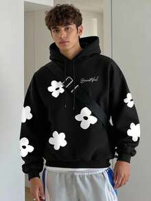 Chillumni 男士休闲印花保暖连帽卫衣，秋冬季 - 黑色 - 查看 1