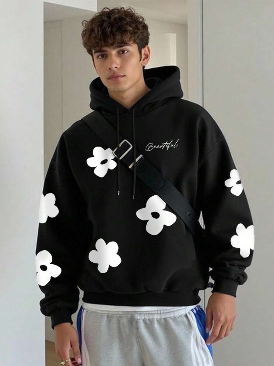 Chillumni 男士休闲印花保暖连帽卫衣，秋冬季 - 黑色 - 查看 1