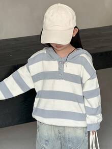 DAZY 年轻女孩条纹落肩长袖纽扣半襟休闲连帽毛衣，秋冬 - 藍色 - 查看 5