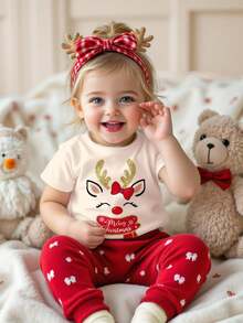 SHEIN 3 pièces T-shirts à col ras du cou manches courtes décontractés pour bébés filles avec des motifs de Noël mignons comme amande crème, rose crème, rouge de Noël, célébration de dessin animé, bonhomme de neige amusant, flocon de neige, Père Noël, convenant pour toutes les saisons - Multicolore - Voir 7