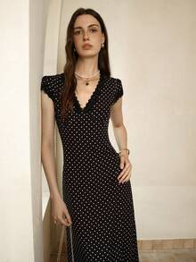 Cévolie 大码女式复古波尔卡圆点连衣裙 - 黑與白 - 查看 3