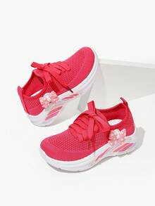 JNSQ A Pair Of Girls' Hot Pink 3D Flower Flat Comfort  Soft Sole, Everyday Running And Casual Shoes Kids Sneakers - Hot Pink - View 2