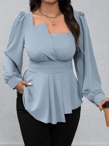 EMERY ROSE Plus Size Square Collar Ruffled Hem Peplum Top,Dusty Blue Elegant Lantern Long Sleeve Blouse For Women,Autumn Dinner Casual Solid Color Curvy Shirt - Baby Blue - View 1