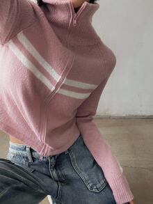 DAZY 女式秋冬条纹插肩袖拉链前开衫高领衫 - 粉色 - 查看 10