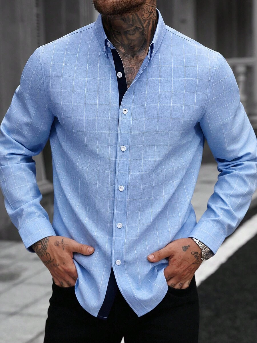 Manfinity Mode Men's Business Casual Plaid Long Sleeve Shirt, Fall