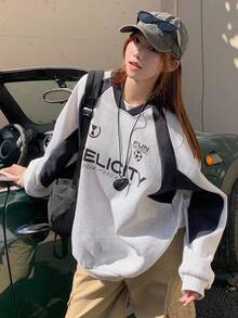 DAZY Women's V-Neck Contrast Color Patchwork Loose Letter Print Streetwear Casual Pullover Sweatshirt, Autumn/Winter - Light Grey - View 5