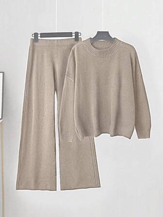 Linhara Plus Size Women Knitted Wool Sweater Loungewear Set, Coffee Color