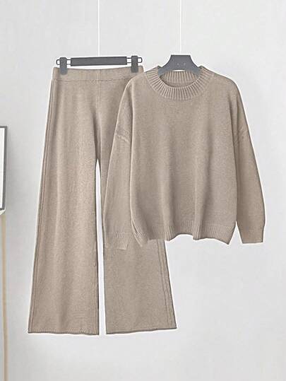 Linhara Plus Size Women Knitted Wool Sweater Loungewear Set, Coffee Color