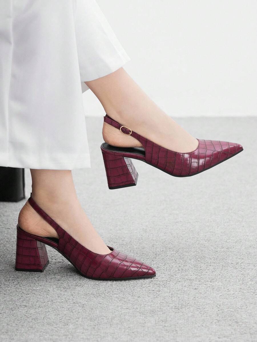 CUCCOO BIZCHIC 女士时尚黑色露跟尖头粗中跟高跟鞋，经典简约设计，适合通勤、约会、派对、度假、婚礼 - 酒紅色 - 查看 1