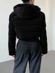 CasuGlow Zipper Detailed Shiny Winter Long Padded Coat - Black - View 2