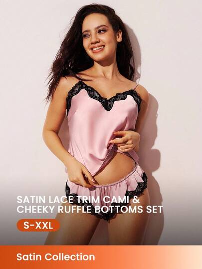 LUVLETTE Women Sexy Silky Satin Luxurious Lace Trim V-Neck Camisole Top & Shorts Airy Loungewear Pajama Set Lingerie& Pyjamadressing