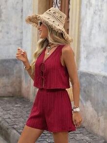 SHEIN VCAY Áo ba lỗ & váy chữ A dệt theo phong cách kỳ nghỉ dành cho nữ - Màu Đỏ Sâu - Xem 4