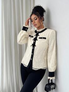 SHEIN Clasi Women's Autumn Elegant Cream White Tea Party Shirt,Lace Contrast Bow Button Ruffle Trim Khaki Casual Commute Apricot Christmas Halloween New Year - Apricot - View 3