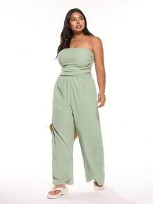 Solavibe 2pcs Plus Size Textured Fabric Open Shoulder Top And Pants Set, Spring/Summer - Green - View 4