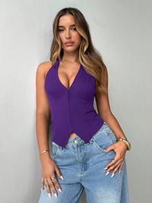 Aloruh Women's Sexy U-Neck Hook Design Open Back Halter Top - Purple - View 6