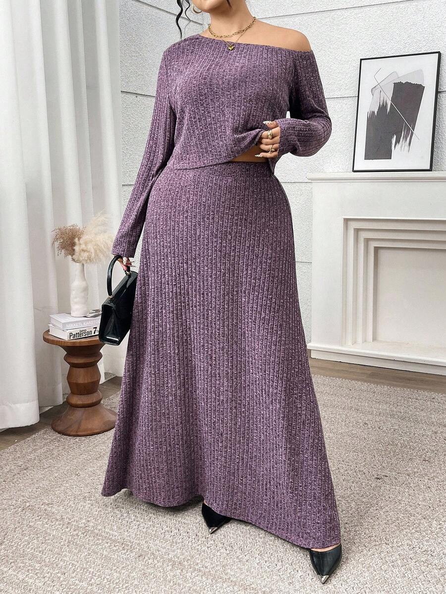 Modelyn Conjunto casual de 2 piezas de talla grande para mujer, con camiseta de manga larga con hombros oblicuos de unicolor y falda extra larga, para otoño - Morado - Ver 1