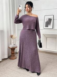 Modelyn Conjunto casual de 2 piezas de talla grande para mujer, con camiseta de manga larga con hombros oblicuos de unicolor y falda extra larga, para otoño - Morado - Ver 5